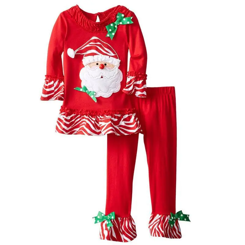 

(4Pcs/Lot) Full Sleeve Baby Clothes Set Autumn Father Christmas Striped Dress+ bell-bottom Trousers 2pcs Toddle Clothing Sets