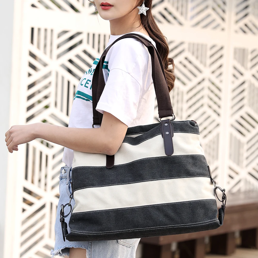 

Cloth Shake Fashion Striped Women Handbags Breathable Canvas Shoulder Bags Casual Large Capacity Shopping Travel Big Tote Bag