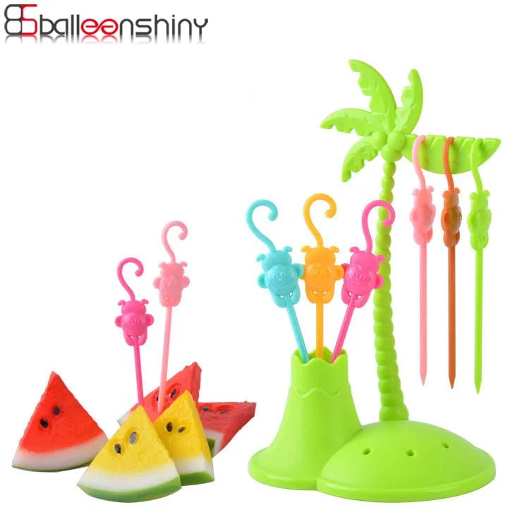 

BalleenShiny 6 pcs +1 Stand Monkey Coconut Tree Shape Fruit Fork Tree Snack Cake Dessert Tableware for Party Kitchen Tools