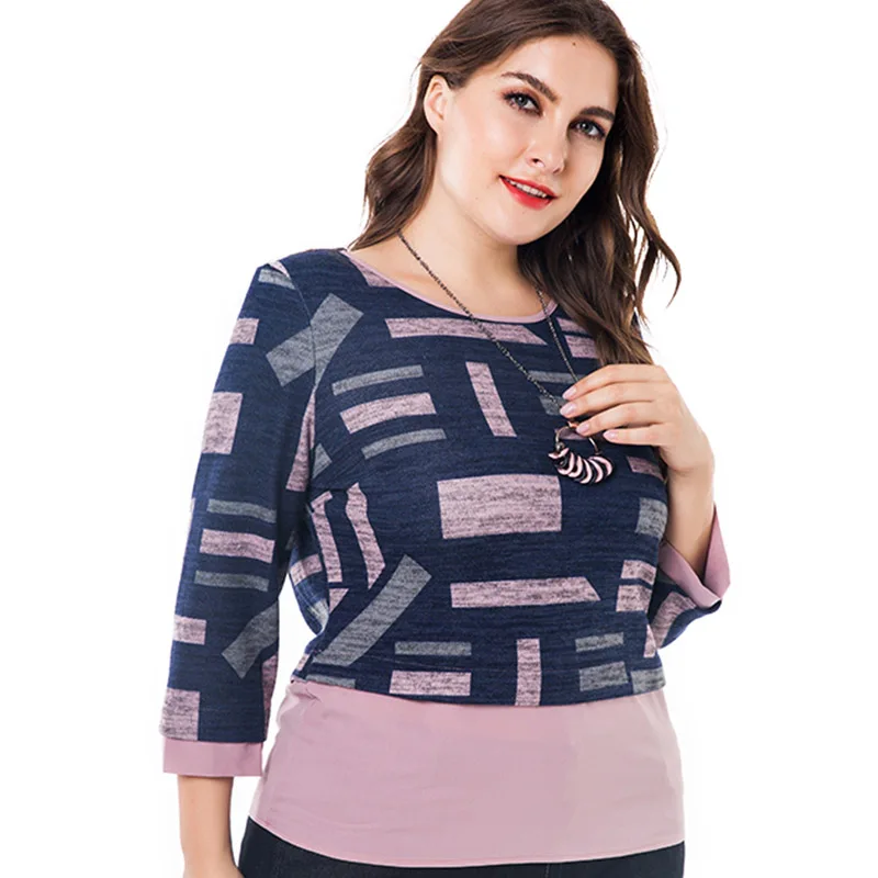 Miaoke plus size t shirt women clothing 2018 autumn new fashion knit elastic print fake two pieces tops 4XL 5XL 6XL