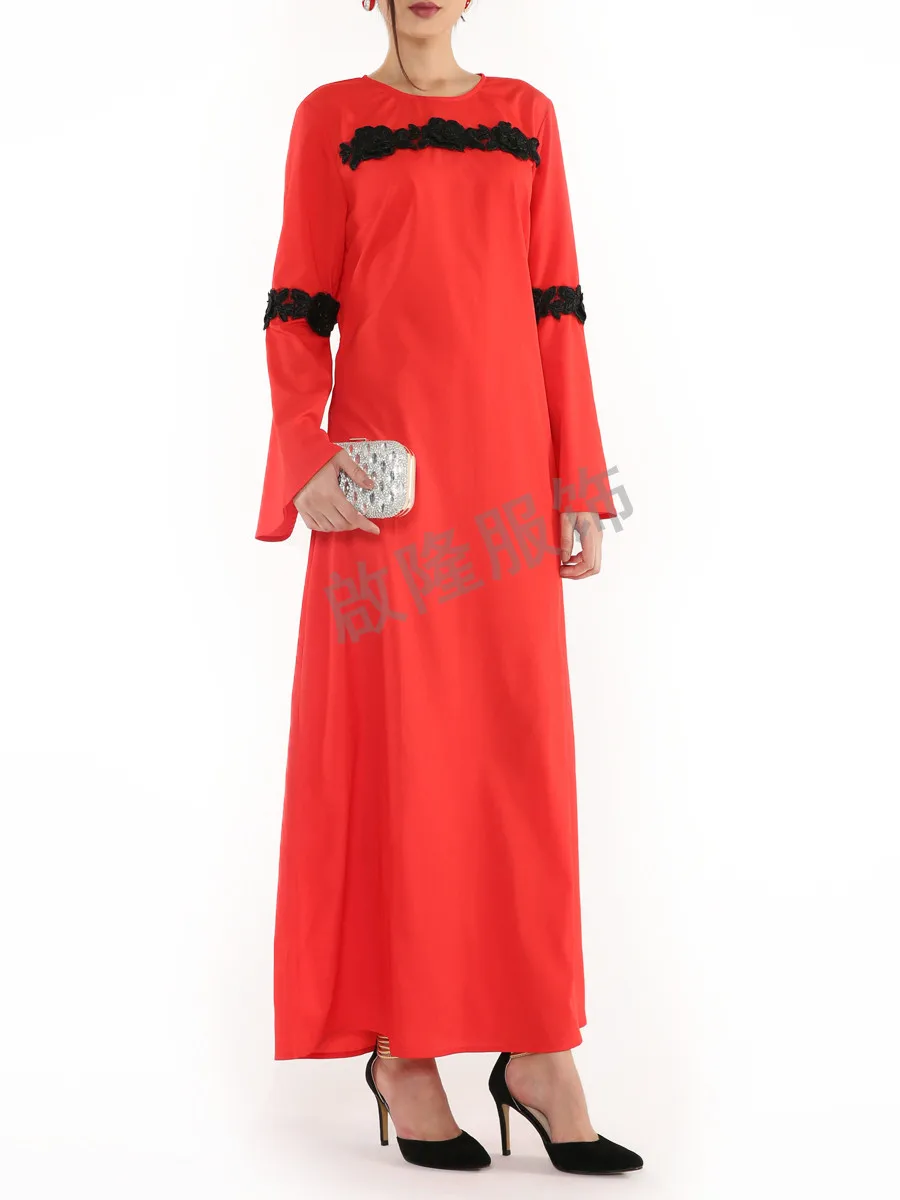 Новая мода исламская Круглая горловина Абая кружева платье с цветами кафтан для Малайзии женщин Абая турецкий Длинные рукава