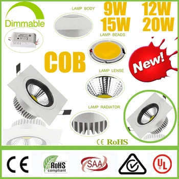 

Dimmable Square CREE 9W 12W 15W 20W COB LED Downlights+Power Driver Tiltable Fixture Recessed Ceiling Down Lights Lamps SAA