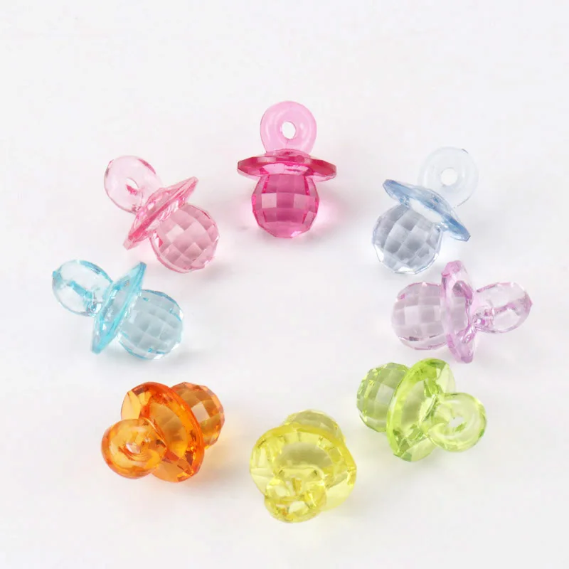 

Mixed Color Light Pink Blue Acrylic Faceted Crystal Baby Pacifier Charm Pendants For Decoration Jewelry 27x19mm 30pcs