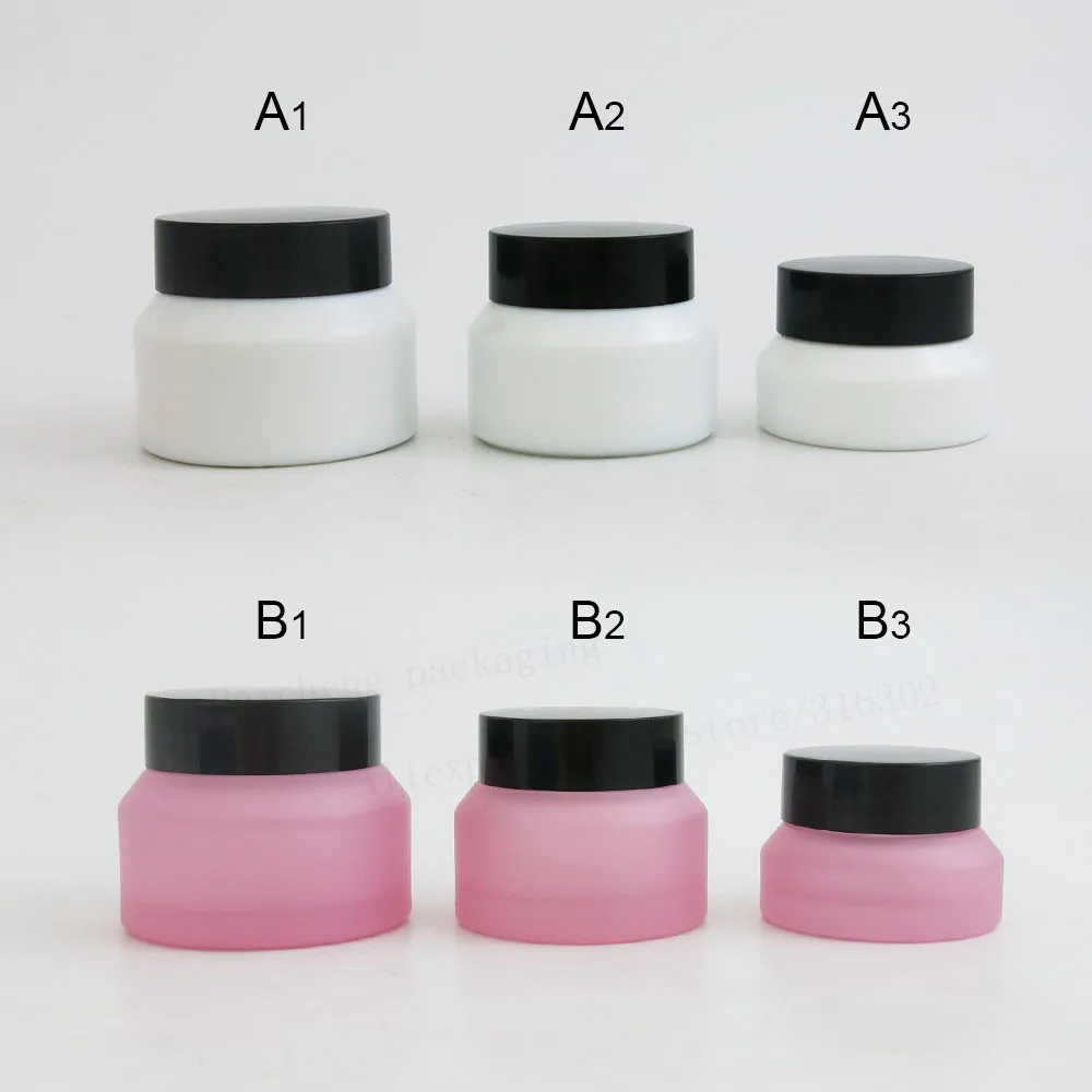 12 x 15G 30G 50G Pink White Make up Glass Jar With Black Lids Seal  1oz Container Cosmetic Packaging, 15G Glass Skin Care Pot