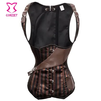 

Corzzet Vintage Brown Brocade Striped Steel Boned Steampunk Underbust Corset Vest Waist Cincher Bodyshaper Top Plus Size S-XXL