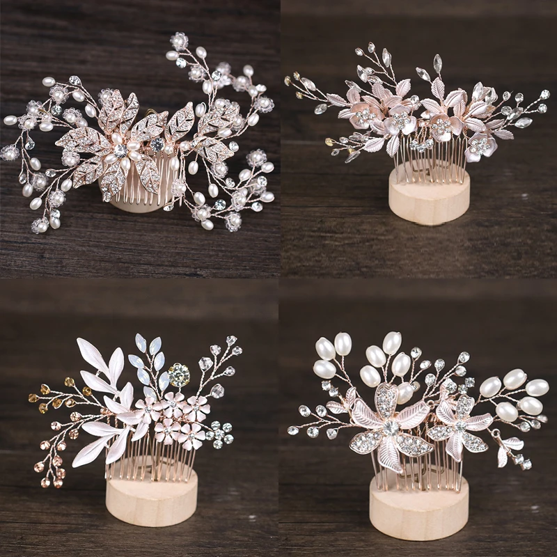 

Fashion Rose Gold Hair Combs Hairpins Clips Sets Pearl Crystal Hair Jewelry Handmde Flower Bridal Wedding Women Hair Accessories