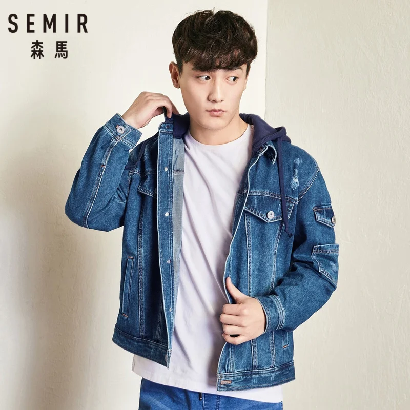 

SEMIR Men 100% Cotton Denim Jacket with Lined Hood Washed Denim Jacket with Destruction with Chest and Slant Pocket Streetwear