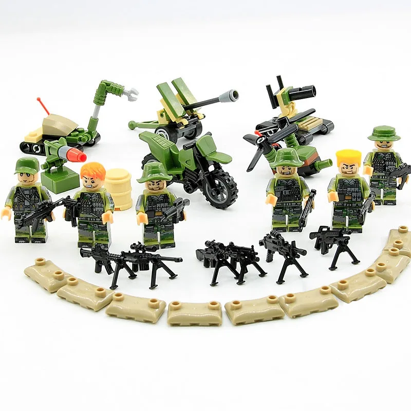 

WW2 Fighting jungle brickmania minifigs building block america army forces figures weapons Submachine gun artillery bricks toys