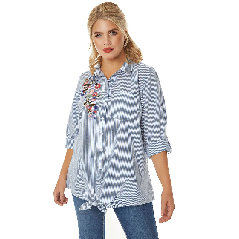 Kissmilk/женская одежда размера плюс, рубашка в синюю полоску с цветочной вышивкой, свободная Солнцезащитная блуза с длинным рукавом - Цвет: Blue Stripes