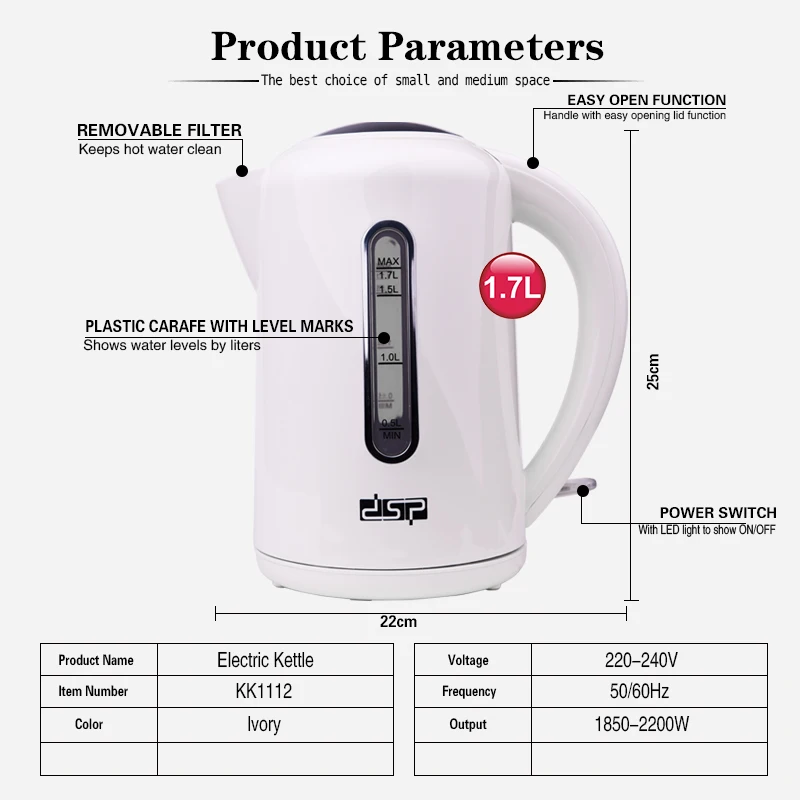 DSP Кухонная Техника Безопасность автоотключение функция быстрый нагрев Электрический чайник водонагреватель котел большой емкости 1.7л 1850-2200 Вт
