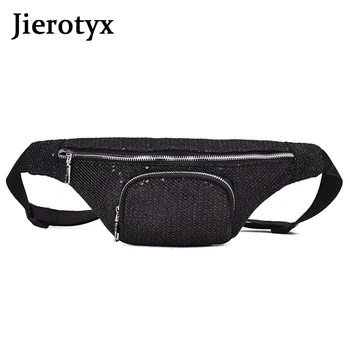 

JIEROTYX Fashion Waist Bag Women Fanny Pack Casual Black Leather Sequin Chain Purse Zipper Travel Chest Bag High Quality