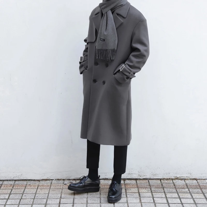 M XL! Осенне зимнее Новое Длинное свободное шерстяное пальто утепленное Мужское в