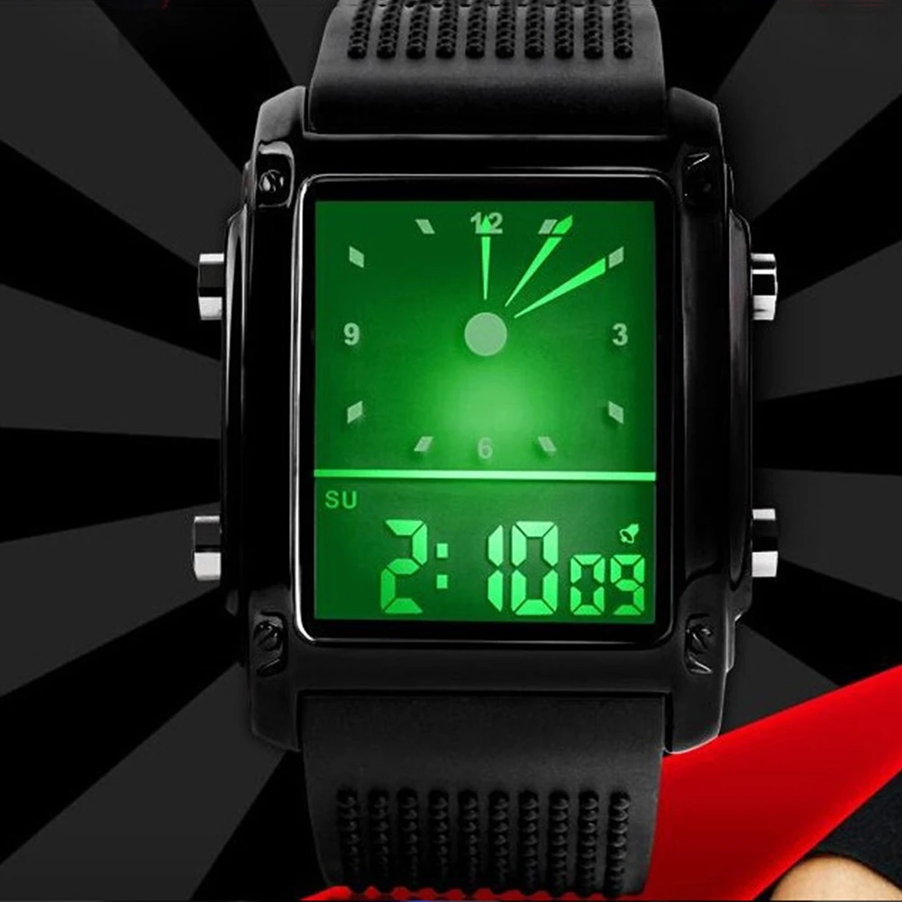 Мужские часы с квадратным циферблатом и двойным циферблатом, цветной светодиодный дисплей, спортивные наручные часы