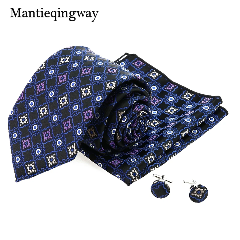 

Mantieqingway Personality Plaid Neck Tie Cufflink Pocket Square Sets For Men Polyester Yarn Mens Cuff Links Hanky Kravat Set