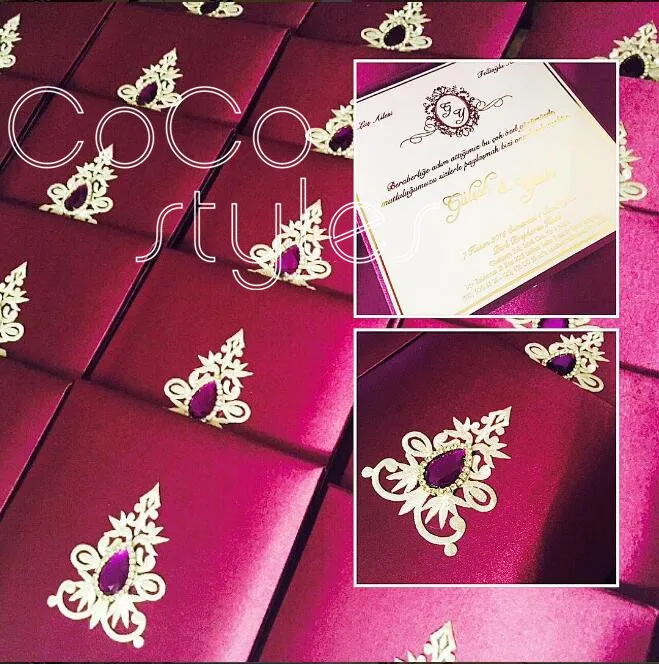  Cocostyles customized embroidery silk hardcover invitation card with crystal brooch for vintage wed - 32864884387