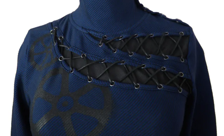 Панк Rave стимпанк темперамент полосой Шестерни печати плед водолазка вязаный женский рубашка летние футболки женщин t-362