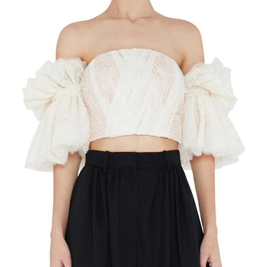 

2019 Summer Solid Apricot Women Shirt Slash Neck Off Shoulder Backless Crop Top Blouse Mesh Lace Strapless Short Style Top