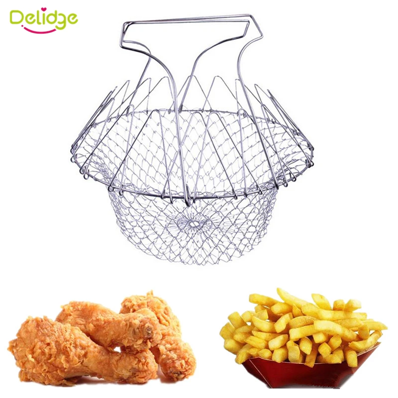 

Delidge 1 pc Frying Basket Stainless Steel Foldable Fry Colander Magic Basket Folding Mesh Basket Strainer Net
