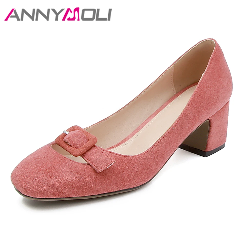 

ANNYMOLI Women Pumps High Heels Buckle Block High Heels Shoes Square Toe Fashion Shoes Lady Footwear Pink Spring Plus Size 33-43