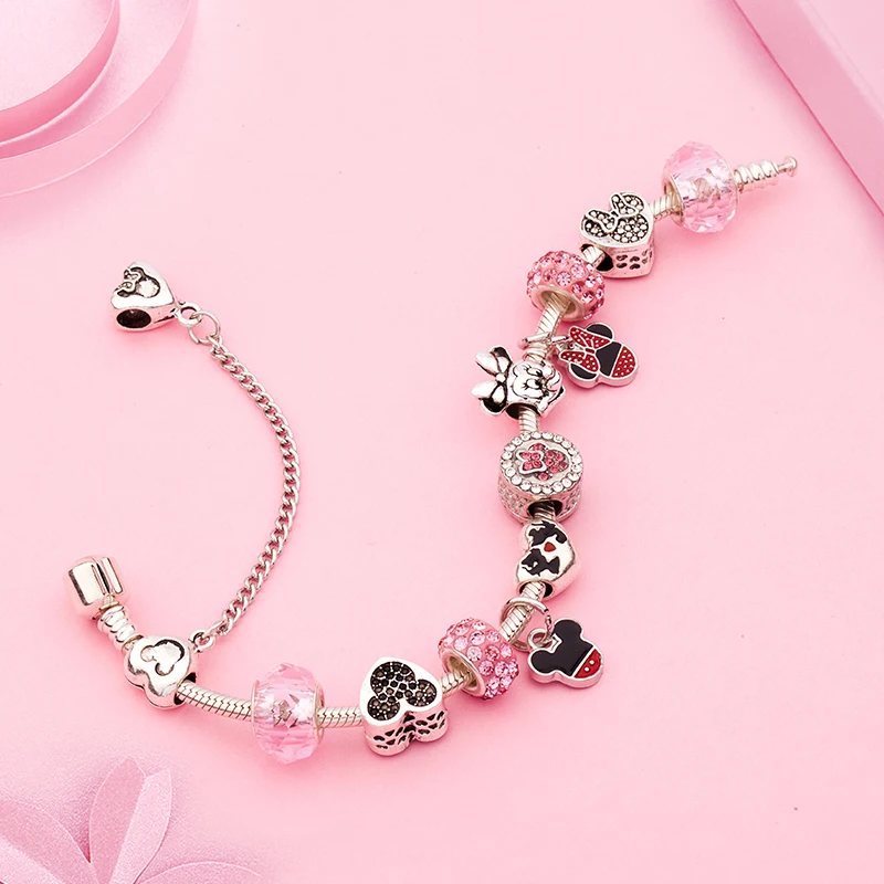 Disney New Design Lovely Pink Crystal Bead Charm Bracelets Colorful Enamel Handmade Diy Charm Bracelet for Women