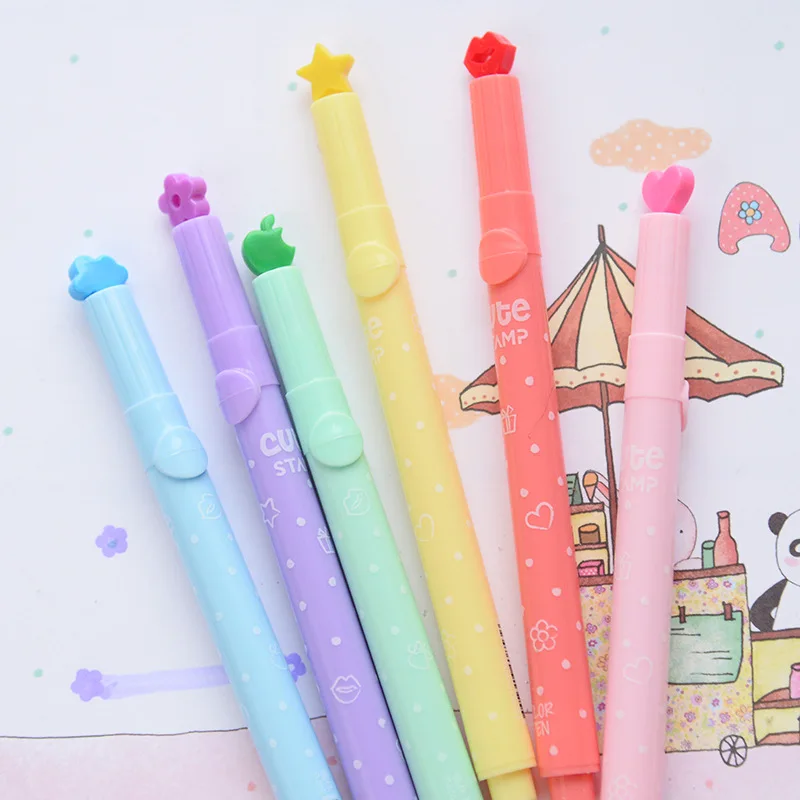

DIY Cute Kawaii Colorful Watercolor Pen Cartoon Marker Pens With Stamps For Kids Painting Manga Drawing Art Supplies Markers