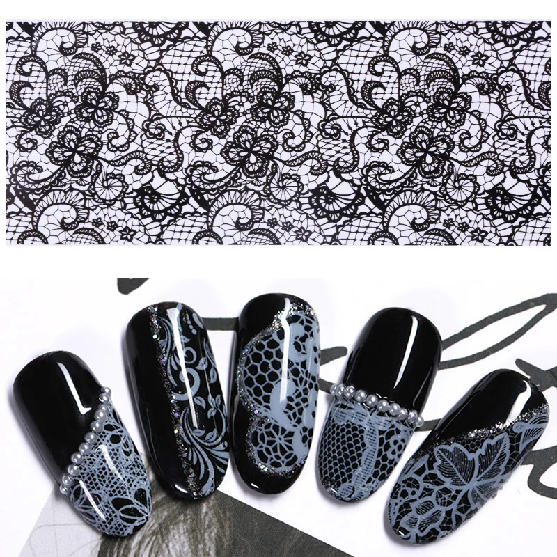 10 шт. черно-белая кружевная Фольга для ногтей Наклейка с цветком узор дизайн переводные наклейки с лак для ногтей украшения для ногтей