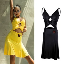 Латинское танцевальное платье Дамское желтое Сексуальное с открытой спиной женское Сальса Самба ча одежда для танго соревнования показ танцевальной одежды DN3989