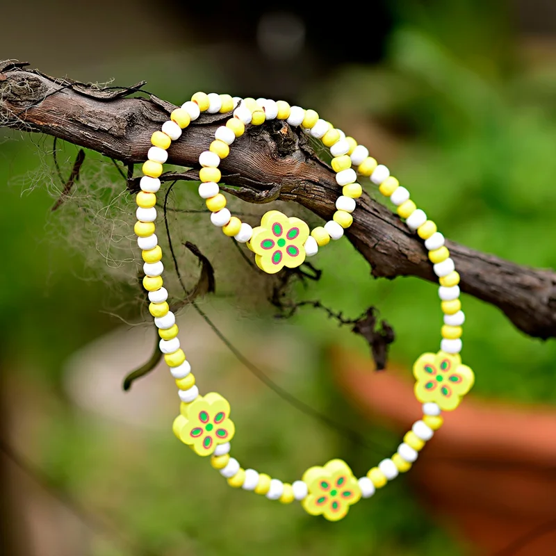 TopHanqi, 1 комплект, Детские ювелирные наборы, Желтый Деревянный милый цветочный узор, ожерелье и браслет для девочек, подарок на день рождения