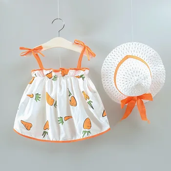 

NEW Dresses Children Baby Kids Girls Clothes Cute Cotton Carota Printed Sleeveless Princess Summer Dress + Sun Hat Clothes Kid