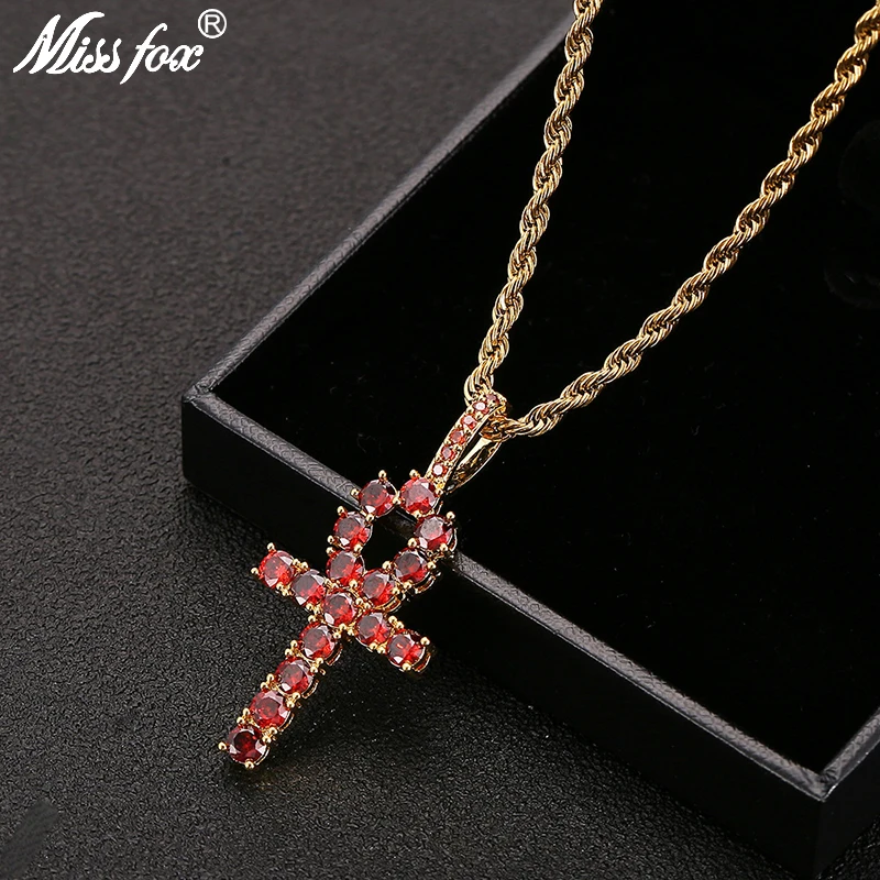 

Missfox Anhe Key Red Cross Pendant Necklace Hip Hop Style Unique Creative Pendant Iced Out Jewelry Man Women High Quality Gift