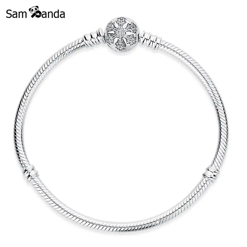 

Authentic 925 Sterling Silver Charm Engrave Crystal Snowflake Clip Clear Snake Chain Basic Bracelets DIY Bangles Women Jewelry