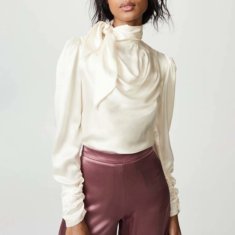 

Fashion Newest Stylish 2019 Summer Runway Designer Shirt Women's Bow Collar Long Sleeve Satin Blouse Top