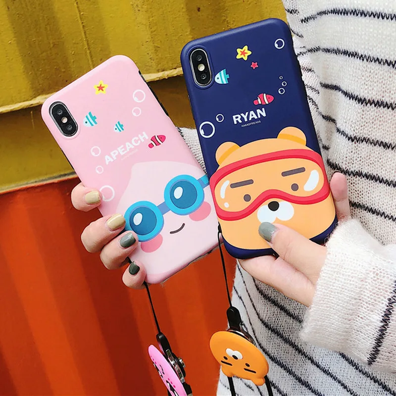 

Fashion Korean Animal Ryan Lion Pink Peach Doll Lanyard Phone Case for iPhone 6 6S 7 8 Plus X XS XR XS MAX Back Cover Coque