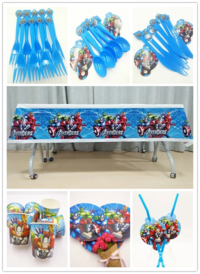 

61pcs/set Avengers Birthday Party Decorations Tableware Forks Cups Plates Tablecloth Kids Event Party Decoration For Boy Party