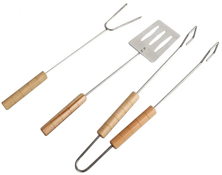 3pcs/set New BBQ Roast Turners Tongs Forks Wood Handle Stainless Steel