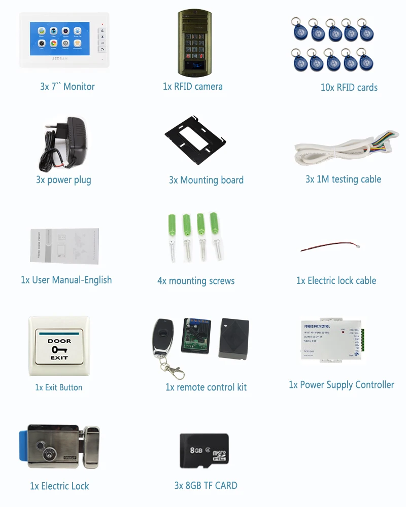 JERUAN 7 ''ЖК-Видео дверной Звонок голос/Видео Запись домофон комплект 3 монитора + водостойкий пароль доступ мини камера 1V3