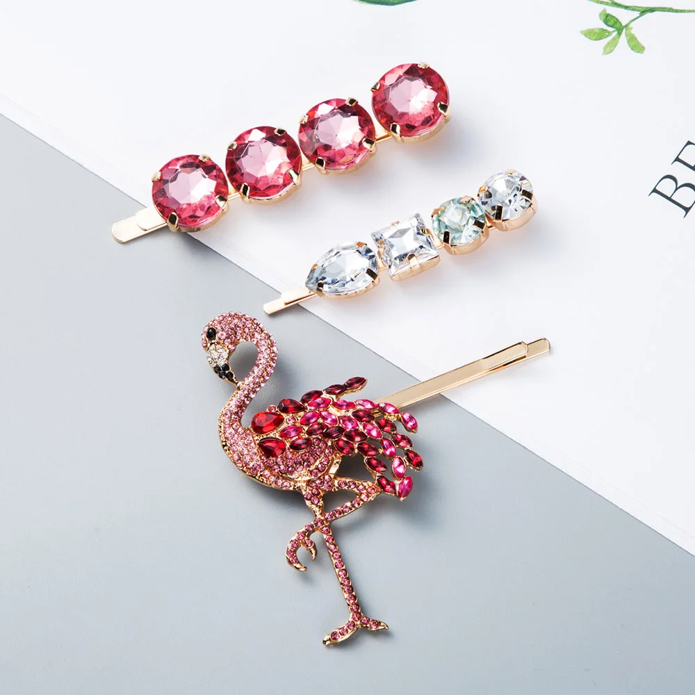 3pcs Set Red Crystal Metal Hairpins Hair Clips For Women Flamingo