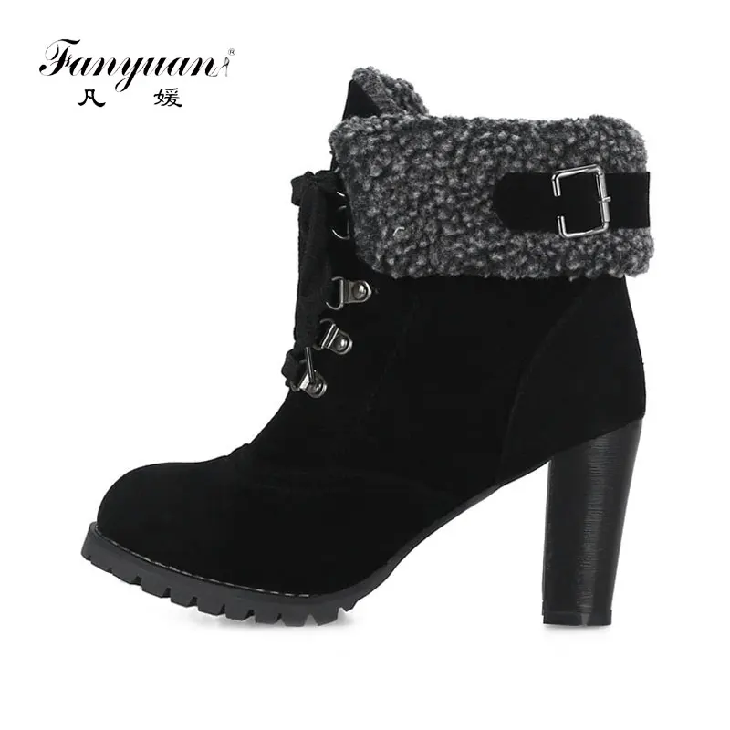 

fanyuan Fashion Solid Lace-Up Rivet Ankle boots women Autumn winter shoes belt buckle high heel Martin boots botas femininas