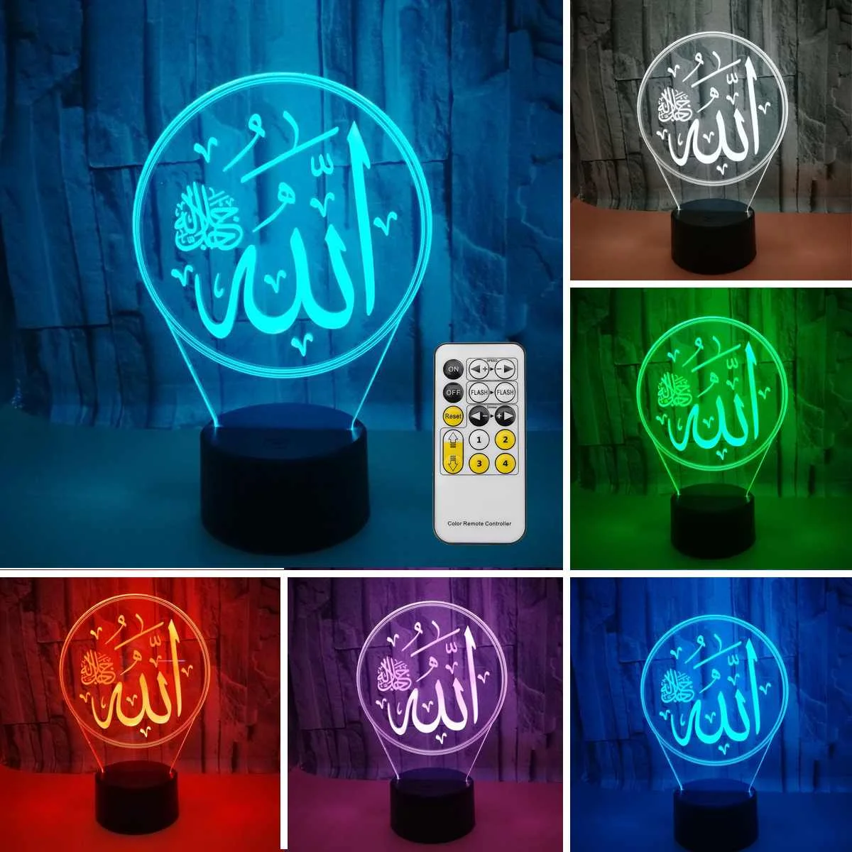 

Islamic Allah Lights Lamp 3D Light Acrylic Colorful Muslim USB LED Desk Lamp Remote Control Light for Believers