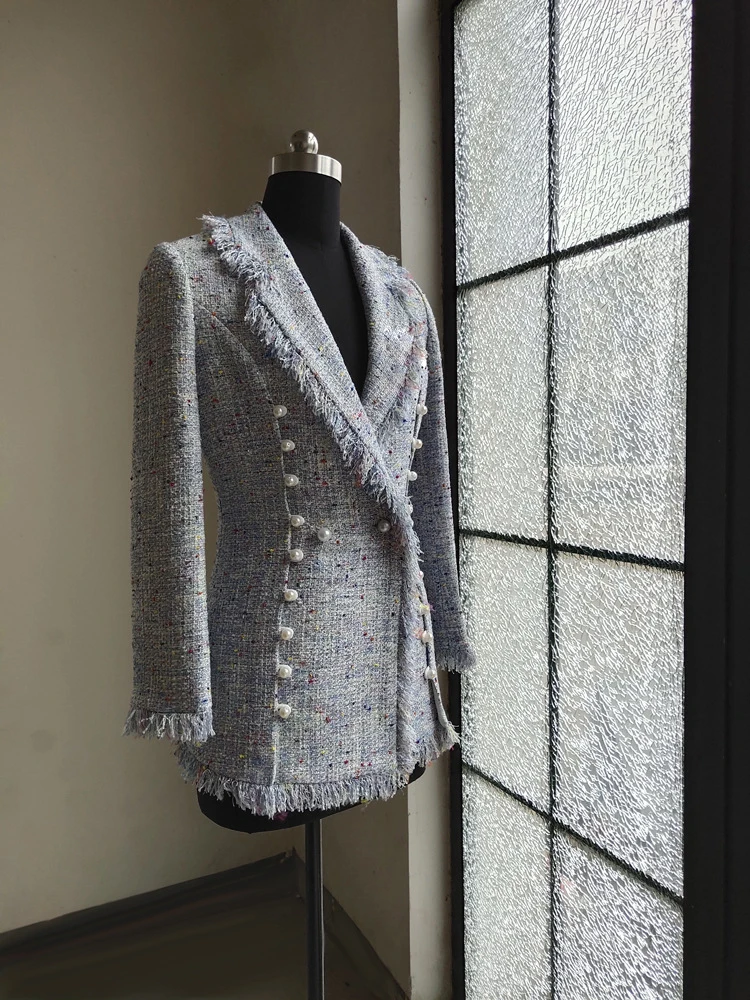 Роскошная твидовая куртка с бусинами и кисточками, женские пальто, элегантное офисное Женское шерстяное пальто с v-образным вырезом и длинными рукавами, одежда высокого качества