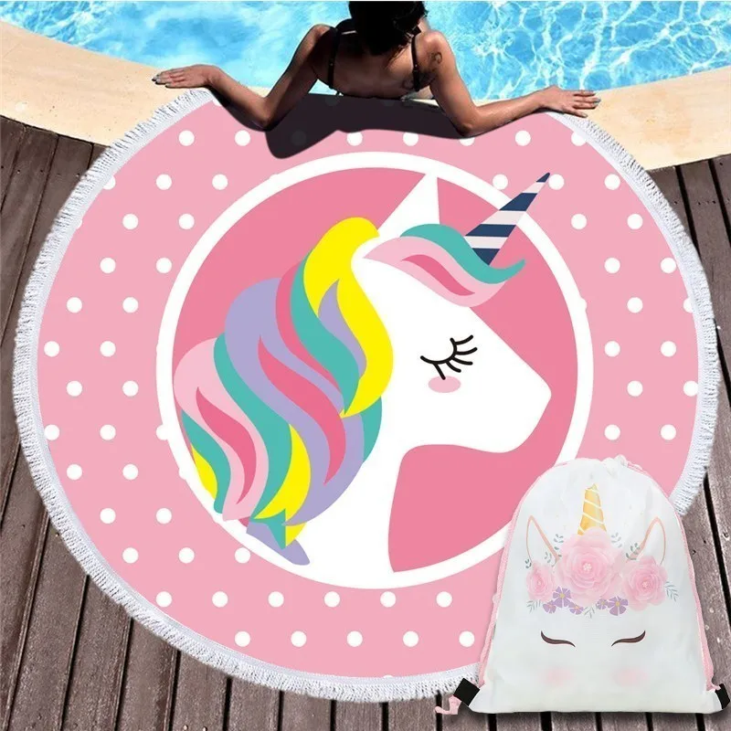 Радужное круглое пляжное полотенце с единорогом, большой размер, 150 см, одеяло для йоги, настенный гобелен, переносная спортивная сумка для хранения на открытом воздухе, пакет с карманом - Цвет: Set 15