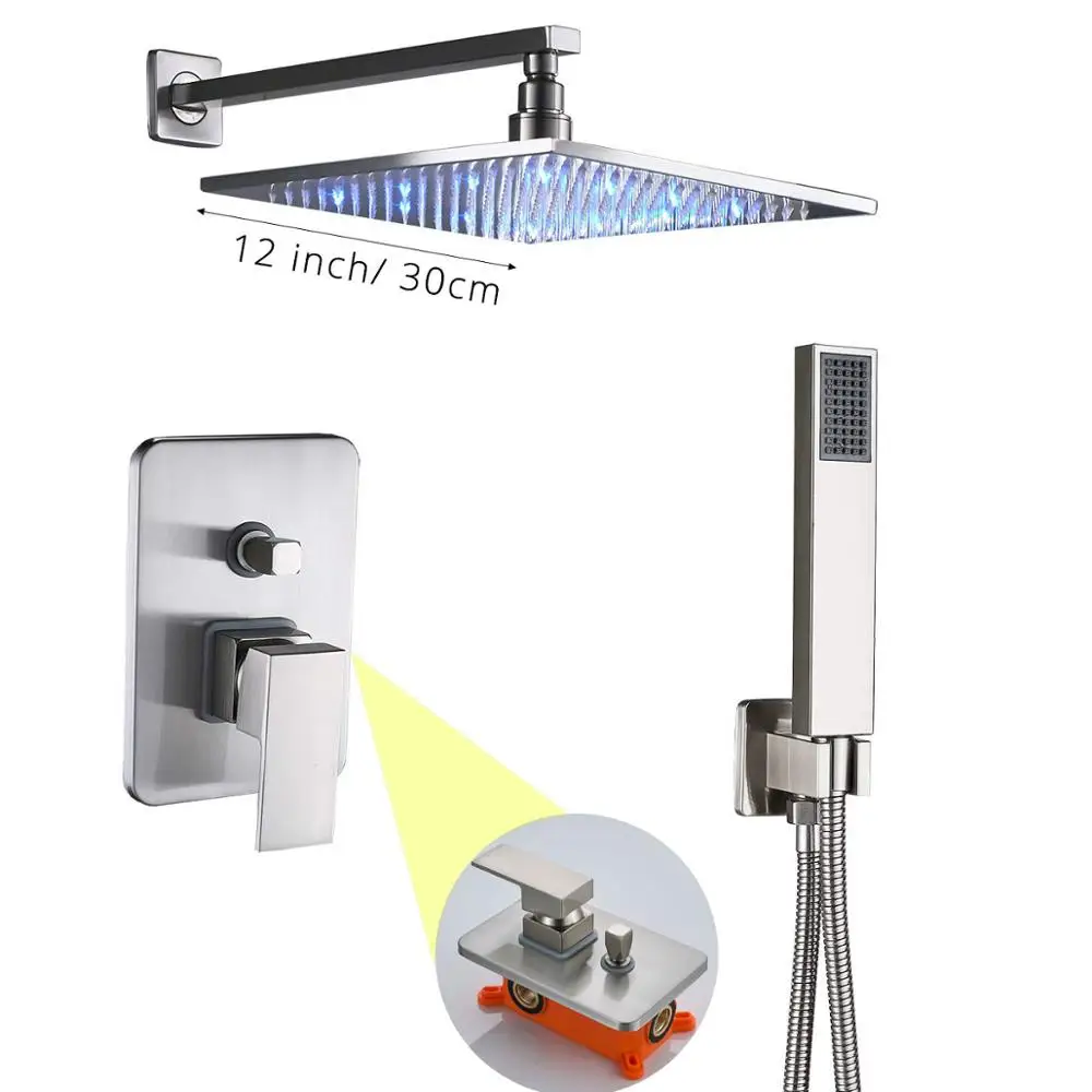 Матовый Никель осадков набор для душа настенный светодиодный светильник душевой кран с одной ручкой с ручным душем 8/10/12/16 дюймов Латунь - Цвет: 12 inch Showerhead