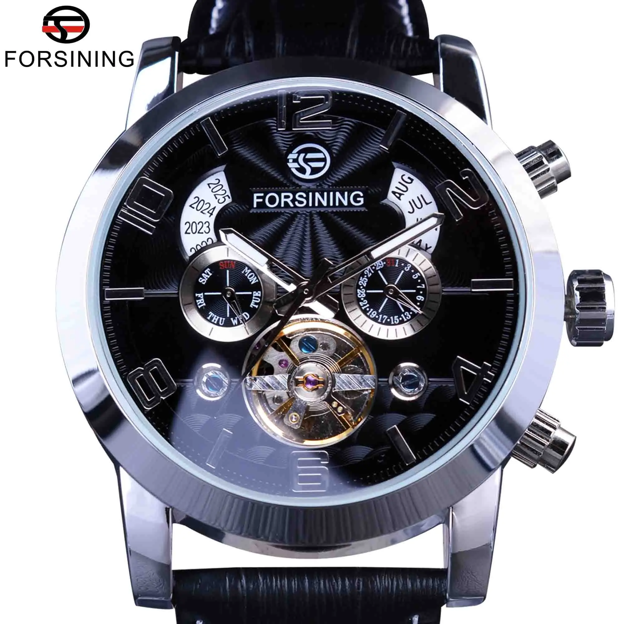 

Forsining Tourbillion Fashion Wave Dial Design Multi Function Display Men Automatic Watch Top Brand Luxury Mechanical Wristwatch