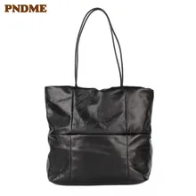 PNDME высококачественная повседневная простая мягкая натуральная кожа черная женская сумка Большая вместительная сумка на плечо Женская хозяйственная сумка