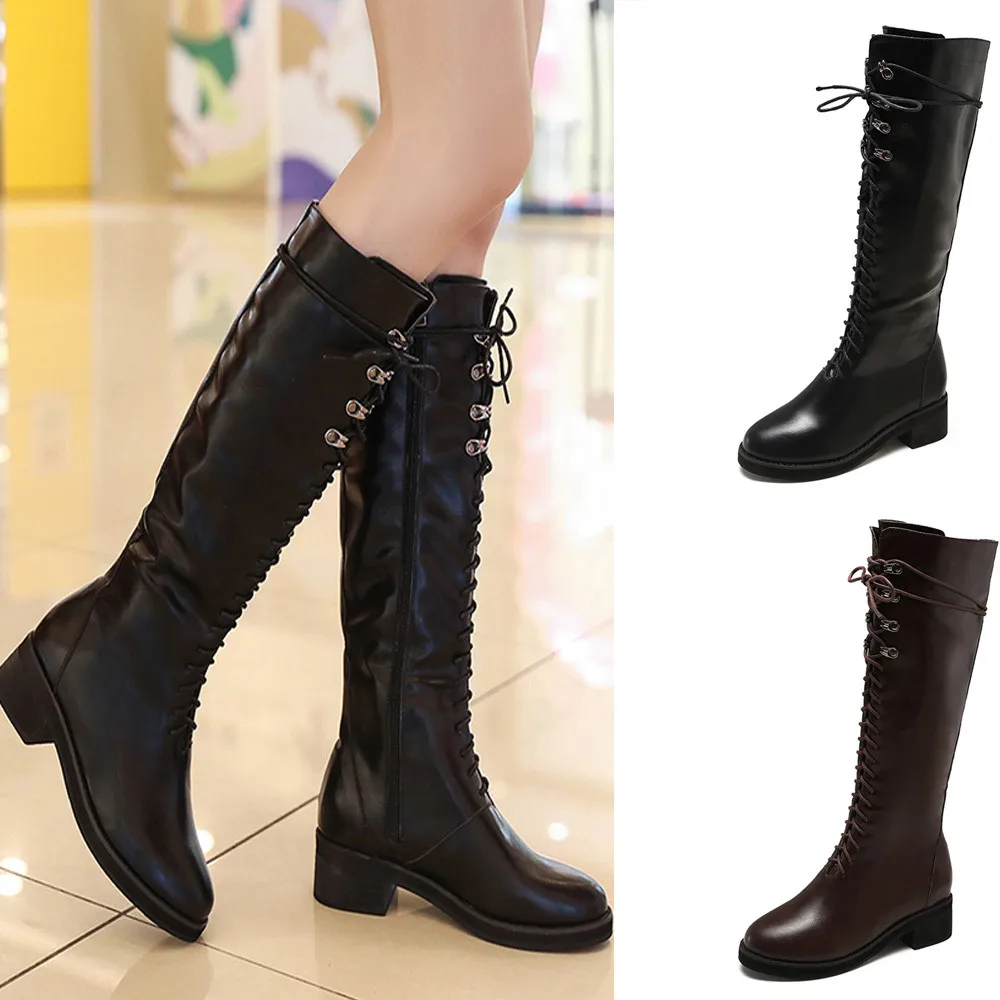 

Women Knee-Hight Boots Winter Warm Steampunk Gothic Vintage Style Retro Punk Buckle Military Combat Lace up Boots Female Botas