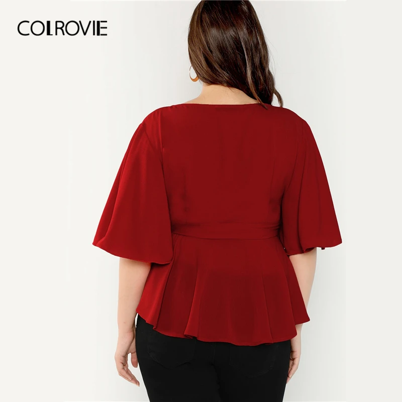 COLROVIE زائد حجم الأحمر V الرقبة رفرفة كم كشكش الرداء الكهنوتي التفاف عقدة أنيقة بلوزة قميص المرأة 2019 الصيف مكتب السيدات قمم