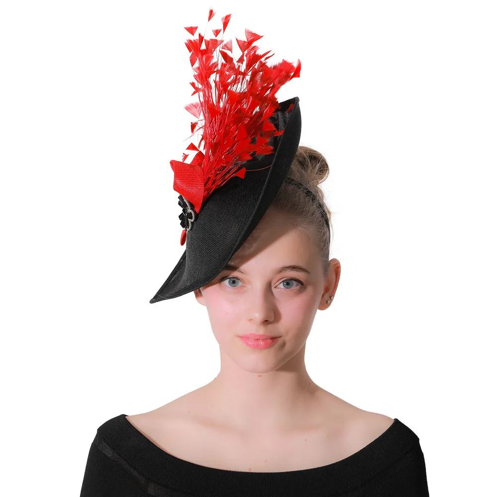 Винтаж черный имитация льняные Fascinators с красный цветок перо горный хрусталь свадьбы церковная фетровая шляпа-таблетка Для женщин котелки