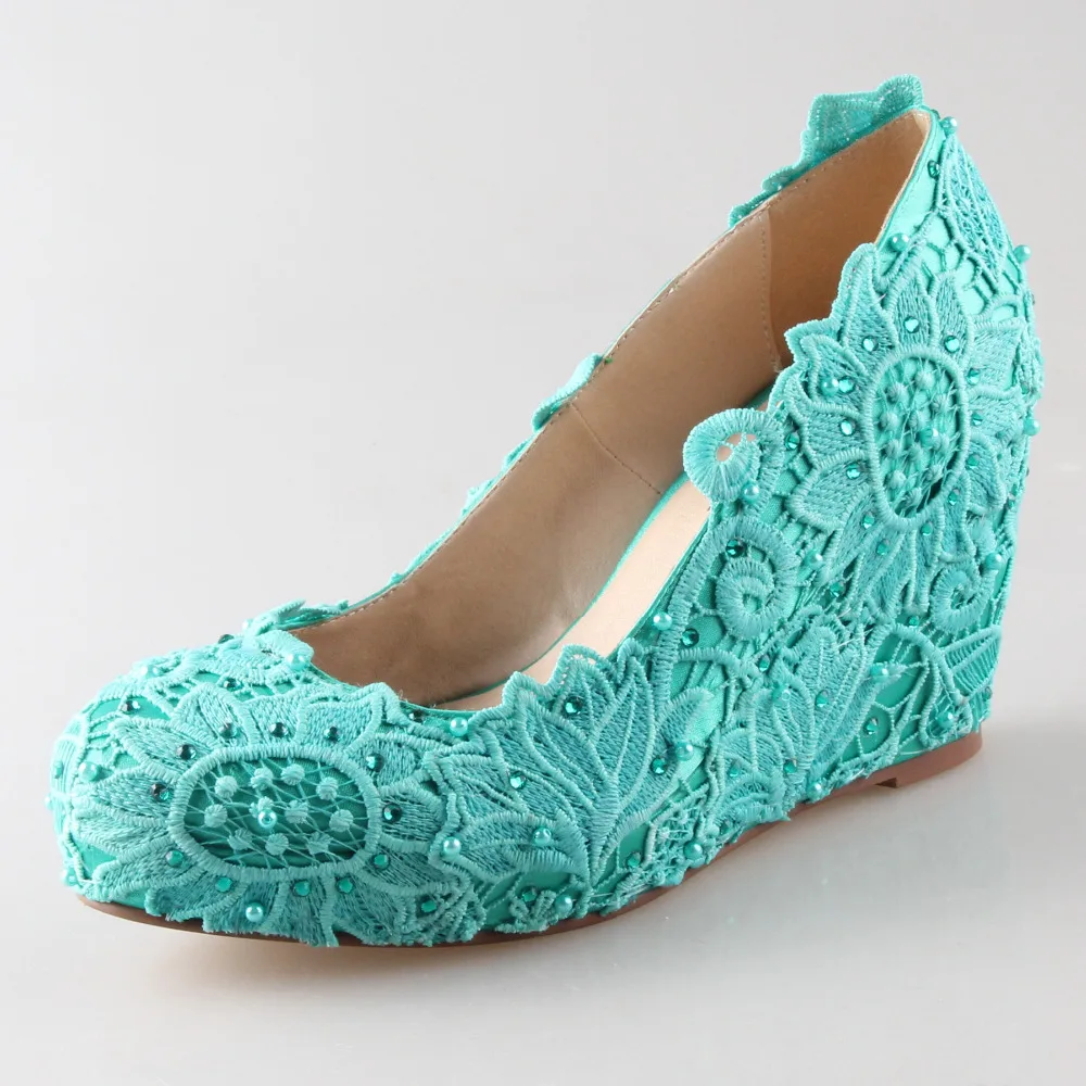 Handmade aqua blue turquoise lace rhinestone pearl wedge shoes elegant bridal wedding party prom shoes big size green blue