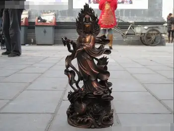 

18"Tibet Red Bronze refined Carved Kwan-Yin goddess Ride Dragon Buddha Statue