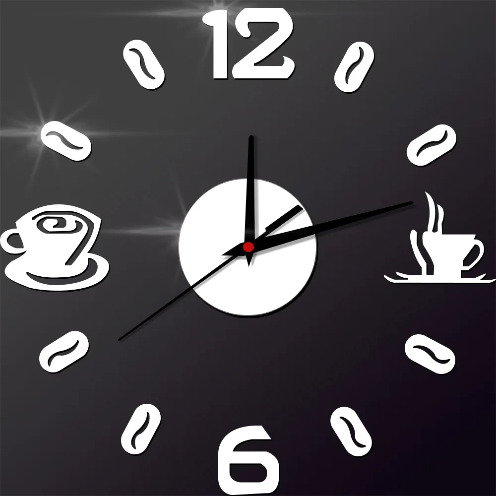 3D DIY цифровой номер кофейная чашка акриловые часы самоклеющиеся кварцевые не тикающие настенные часы кухня домашний декор - Цвет: Серебристый